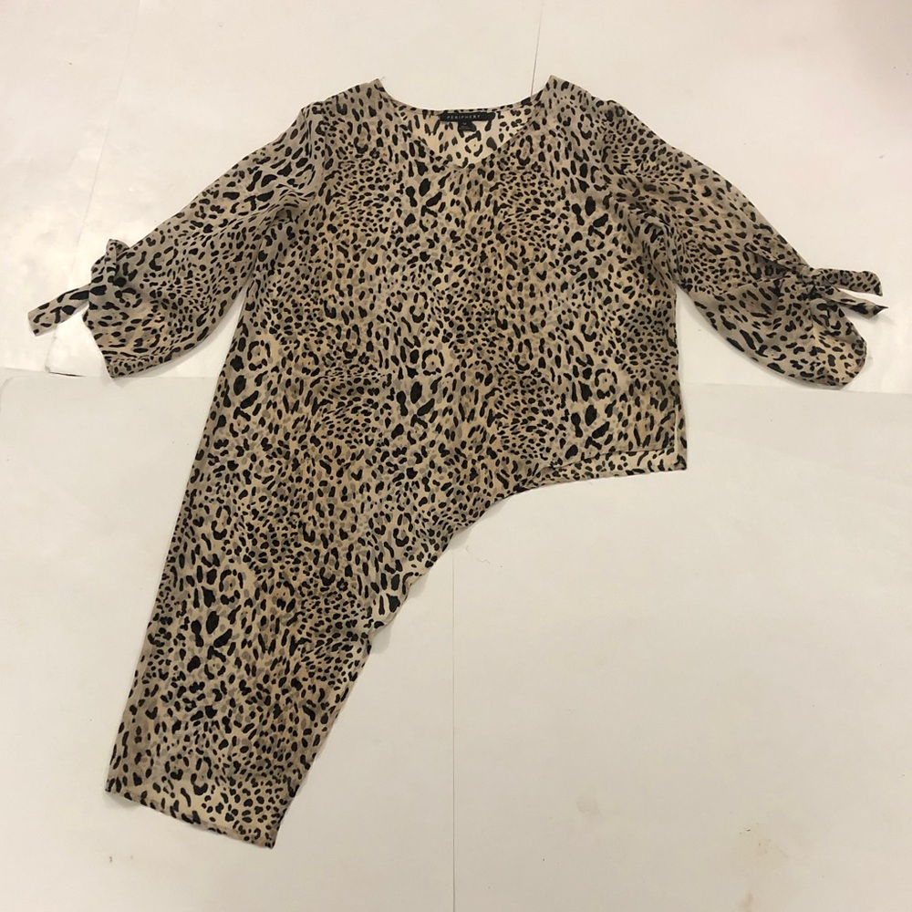 Periphery 14 Blouse V-neck Sheer Leopard Print Asymmetrical 3/4 Sleeve Excellent